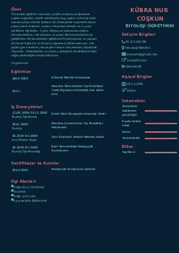 Biyoloji Öğretmeni CV Örnekleri cv indir